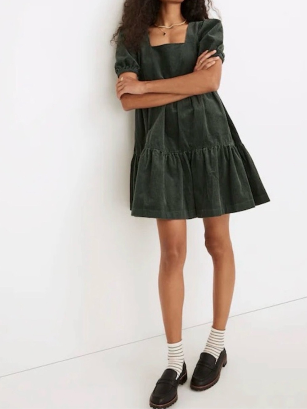 Madewell Aidy Square-Neck Tiered Green Corduroy Mini Dress Size 2